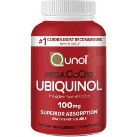 Qunol Mega Ubiquinol CoQ10 Softgels (60 Count) with Superior Absorption, Antioxidant for Heart Health, Active Form of Coenzyme Q10, 100mg Supplement