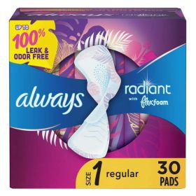 Always Radiant Regular Pads with Wings;  Light Clean Scent;  Size 1 30 Ct